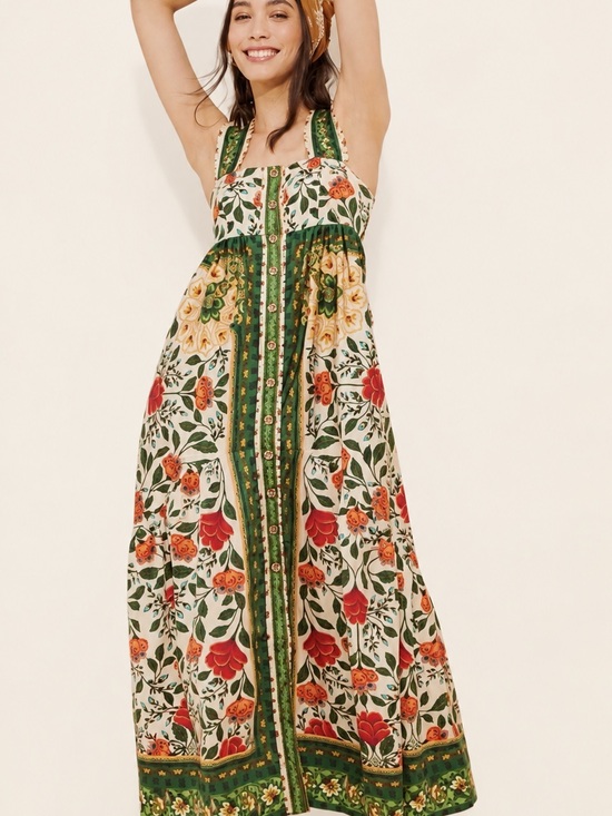 FARM Rio Dresses & Skirts - FARM Rio Maxi Dress Cream Green Floral Sand Garden Tapestry Back Bow XS